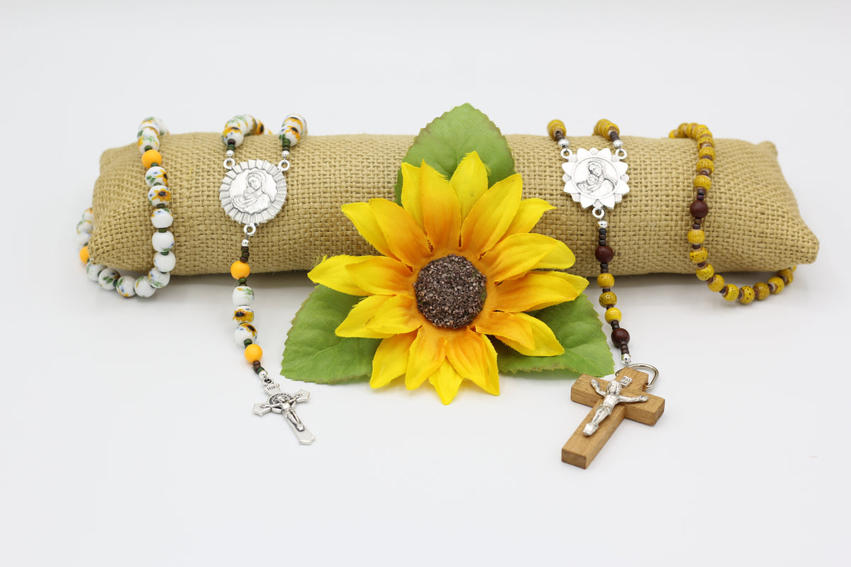 Handmade Rosary 10mm Sunflower offers Porcelain Beads